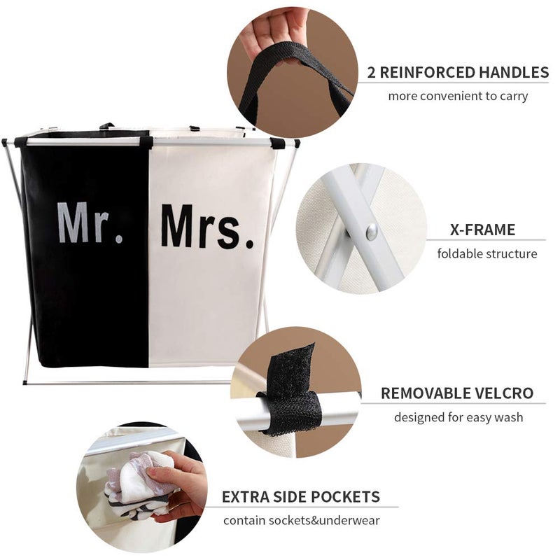 Nicesail Laundry Hamper 2 Section for Husband&Wife Parents or Couple, Clothes Basket Laundry Wedding Gift, Washing Storage Basket with Handle, Waterproof Bag Foldable Aluminum Frame Bathroom Bedroom - Image 2